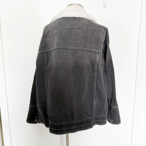 Free People We The Free Ariel Cozy Denim Bomber‎ Jacket Faded Black Sherpa Large - Picture 5 of 10